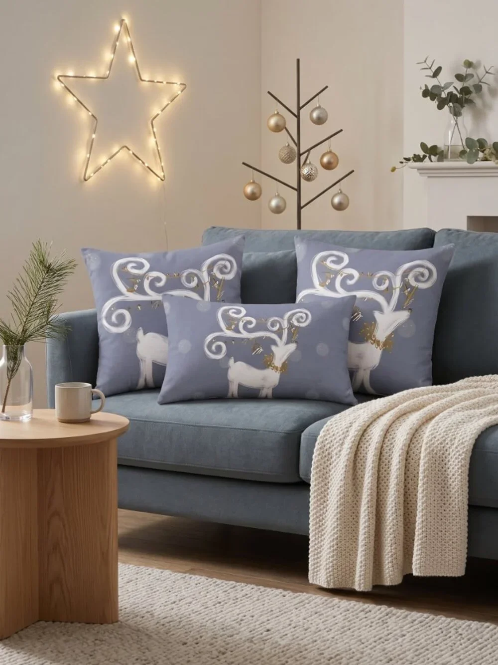 Christmas Throw Pillow Cover Set of 3 Whimsical Reindeer Gray Gold 18x18 Lumbar